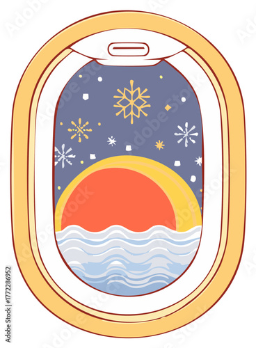 Illustration of winter view from an airplane window with snowflakes, waves, and sun