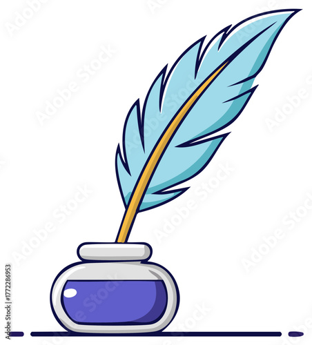 Cartoon feather quill pen and inkwell with blue ink for writing illustration