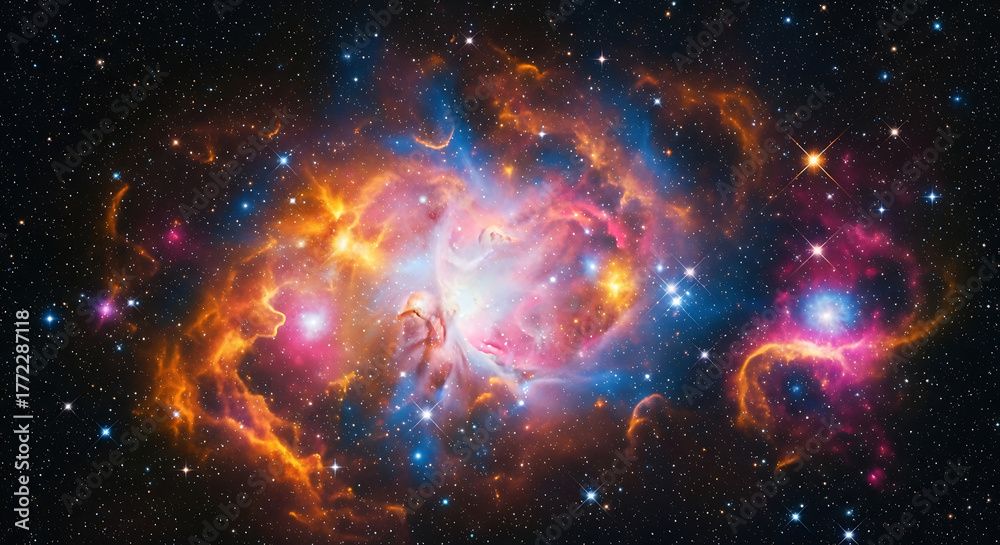 Naklejka premium Vibrant nebula glows cosmic dust clouds and distant stars in deep space panorama