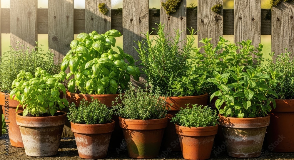 Fototapeta premium Freshly potted culinary herbs basking in the sunlight, perfect for adding a touch of green to your kitchen or garden, promoting healthy eating and sustainable living in your home