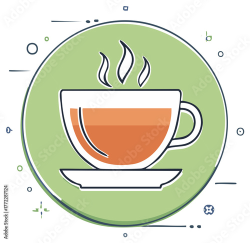 Hot beverage in a cup with vapor on a saucer in outlined illustration on green circle background