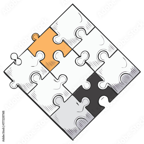 Incomplete Puzzle Pieces Arranged in a Square Formation with One Orange Piece Standing Out