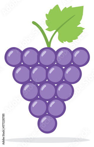 A stylized illustration of a bunch of purple grapes with a green leaf