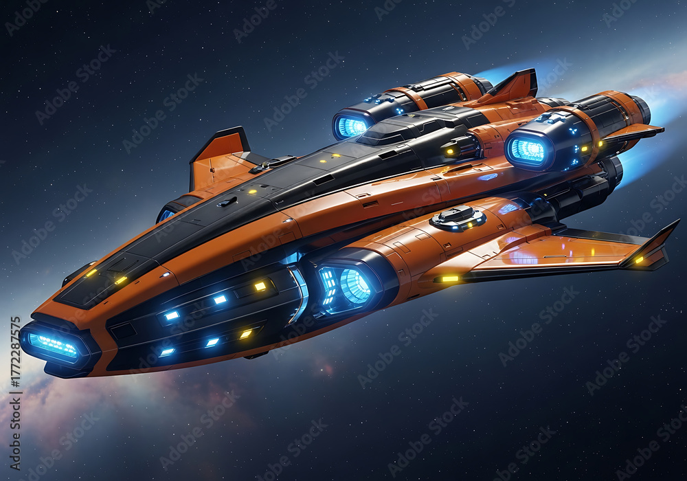Fototapeta premium Futuristic orange spaceship with glowing blue lights soaring through space