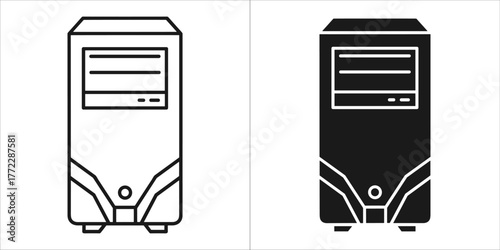 Computer icon set, desktop pc symbol in black and white