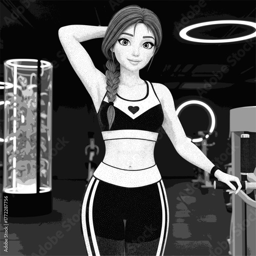 Cartoon athletic girl at the gym. Monochrome vector fitness portrait. Multilayered EPS version.