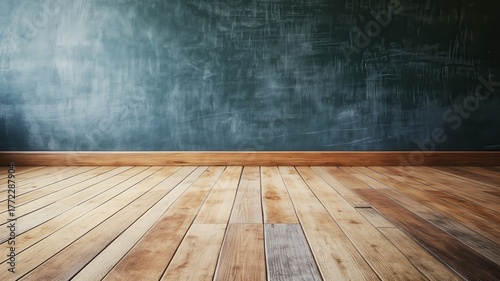 Classic empty classroom interior with a textured dark chalkboard wall and rustic wooden floor, perfect for educational concepts, nostalgic themes, or creative design backdrops