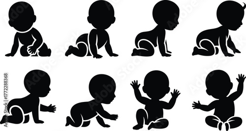 Silhouette collection of babies in various crawling and sitting poses for creative projects vector Illustration