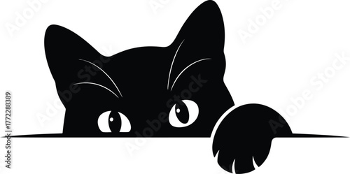 Mysterious black cat peeking over edge curious eyes playful paw whiskers silhouette art vector Illustration
