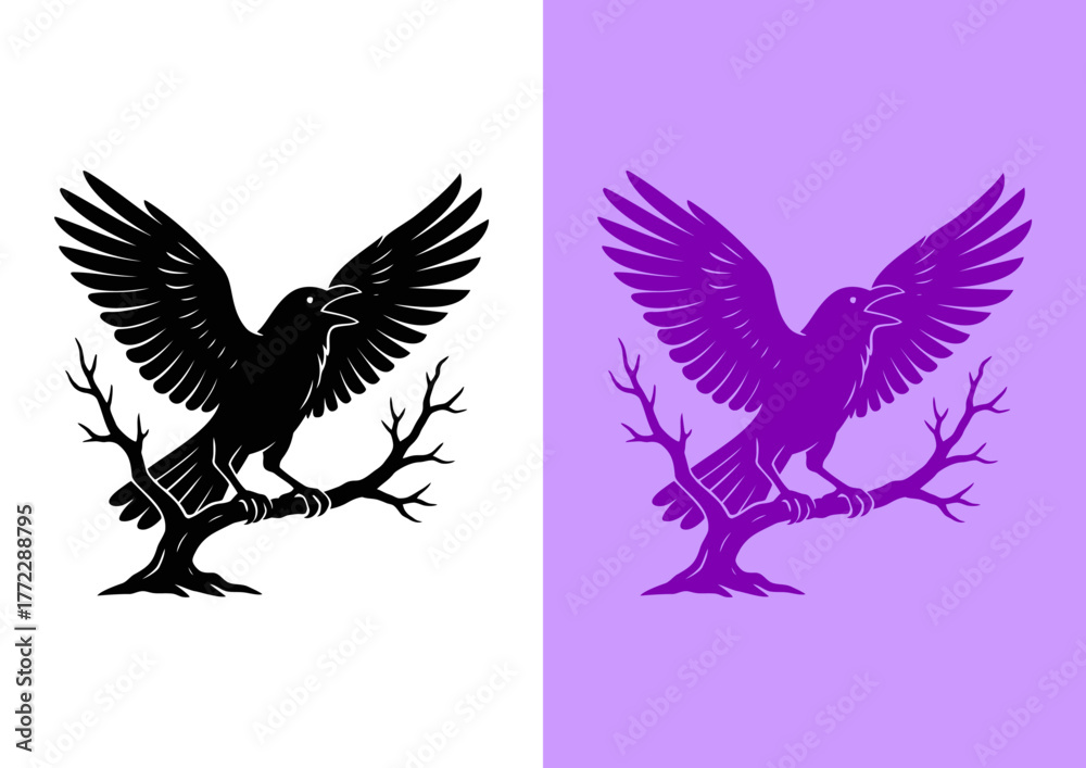 Fototapeta premium Silhouette of a Raven with Wings Spread on a Bare Tree Branch