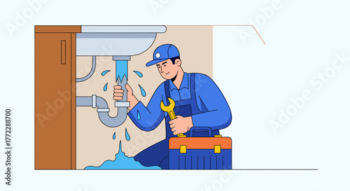 Emergency plumber quickly fixing burst pipe in residential plumbing