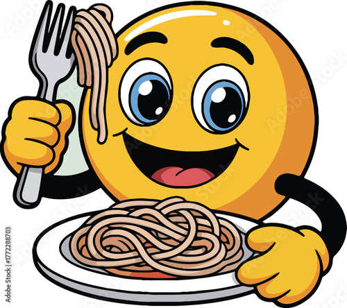 Happy Emoji Eating Spaghetti Pasta Cartoon, Cute Smiley Character with Noodles on Plate