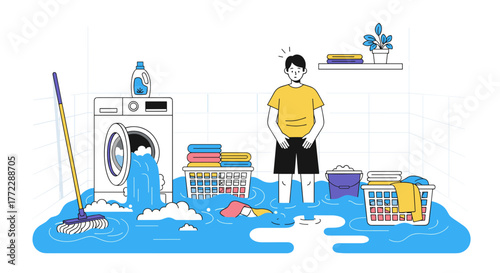 Flooded laundry room accident causing chaos and frustration for homeowner