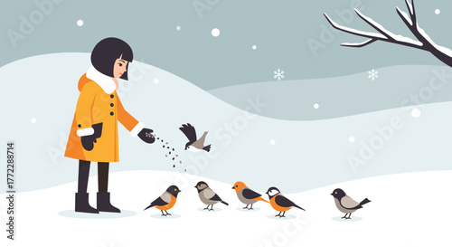 Girl feeding birds happily in snowy winter landscape