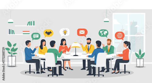 Diverse group in an intercultural cooperation meeting, discussing ideas around a conference table