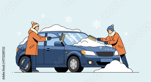 People clearing snow from a car, wearing warm jackets and hats in a snowy winter setting