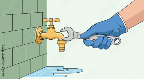 Repairing a leaking outdoor garden tap with a wrench, showcasing water pooling on the ground