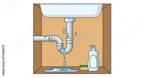 Leaking pipe under kitchen sink, showing water pooling and cleaning supplies in a cluttered space
