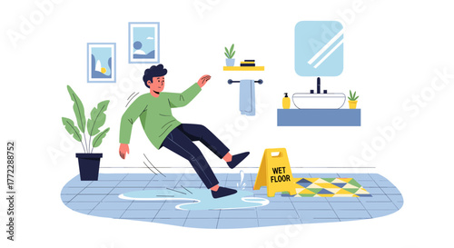 Individual slipping on a wet bathroom floor, showcasing surprise and caution in a modern home setting