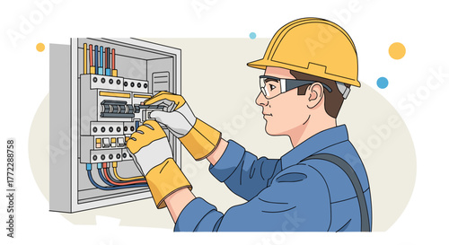 Skilled electrician connecting breakers in a circuit box, wearing gloves and focused on the task