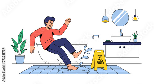 Person experiencing a slippery bathroom floor accident, showing surprise and caution in a modern setting