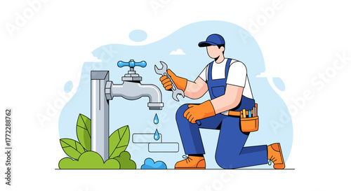 Plumber repairing a leaking outdoor garden tap, focused on the task in a natural setting