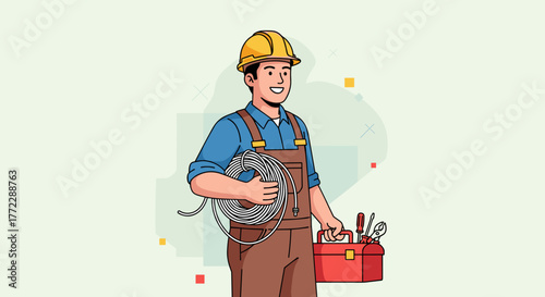 Smiling builder carrying a toolbox and wire, showcasing readiness for work in a light background