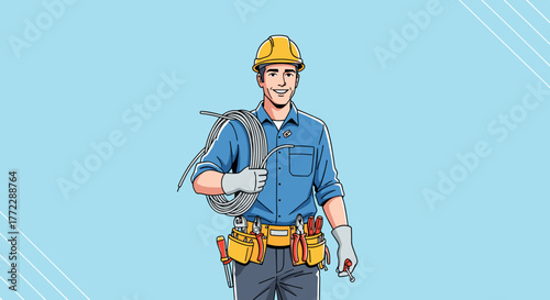 Confident male technician smiling while holding a tool belt and coil, in a bright background