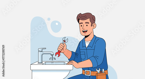 Cheerful plumber smiling while fixing a sink with a wrench, in a modern bathroom environment