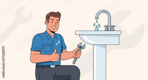 Smiling plumber fixing a faucet, feeling satisfied, in a modern bathroom setting
