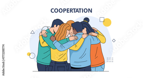 Diverse group of young people in a team huddle, expressing cooperation and unity