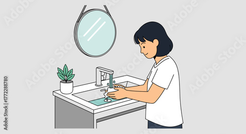 Young woman washing hands with a joyful expression in a modern bathroom setting