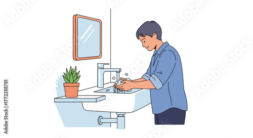Person washing hands in a fixed bathroom sink, promoting hygiene and self-care