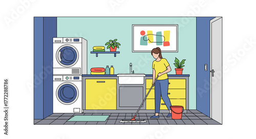 Woman mopping the floor in a laundry room, showcasing home cleaning and organization