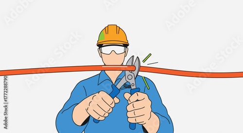 electrician using pliers to cut electrical wire, demonstrating skilled trade and safety measures, worker cutting wire with cutter