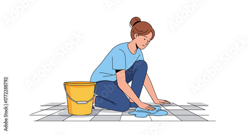 Woman wiping water from a tile floor with a cloth, illustrating home cleaning and maintenance