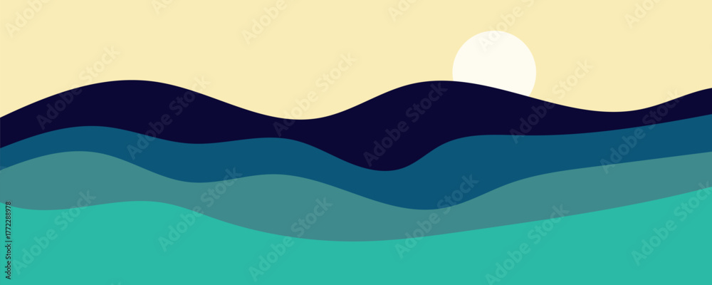 Fototapeta premium Minimalist abstract landscape with rolling blue hills or ocean waves under a serene sun