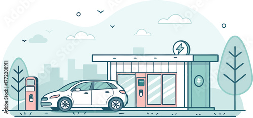 Modern electric car charging at eco friendly station with city skyline view, symbolizing sustainable future and clean energy transport.