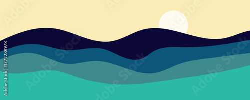 Minimalist abstract landscape with rolling blue hills or ocean waves under a serene sun