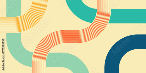 Modern abstract background with flowing curved lines and interconnected pathways in a retro color palette
