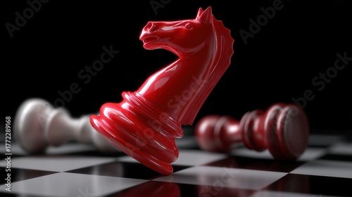 Glossy red knight chess piece stands prominently on black and white chessboard with fallen pieces in background, creating dramatic scene