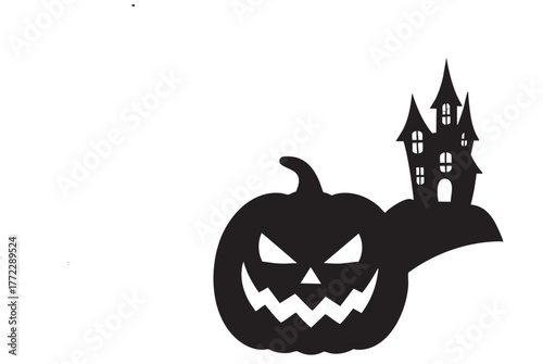 Spooky halloween scene with a haunted house and carved pumpkin