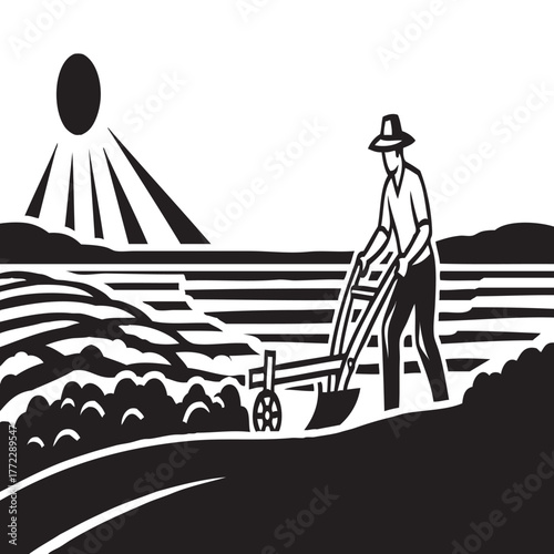 llustration of Farmers Plowing Rice Fields Under the Sunlight