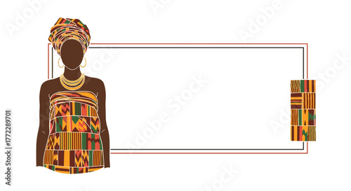 Elegant woman in traditional Kwanzaa attire beside an empty frame, decorative element for cultural celebration
