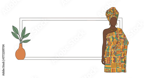 Woman in colorful traditional attire standing next to a decorative vase, framed in empty space