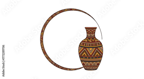 Decorative African vase with traditional patterns, framed in a simple circular design