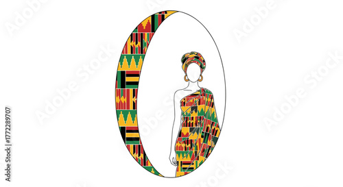 Elegant woman in traditional dress with Kwanzaa patterns, framed in a decorative oval shape