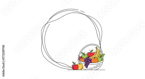 Fruit basket overflowing with colorful fruits, decorative empty frame for harvest celebration
