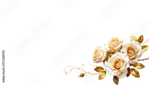 Beautiful golden floral frame with pink roses and leaves isolated on white background