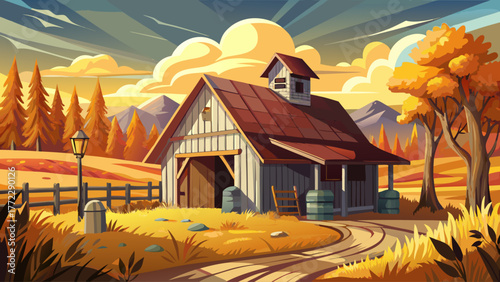 vector of an old rustic stable, warm afternoon sun, golden field, nostalgic countryside scenery